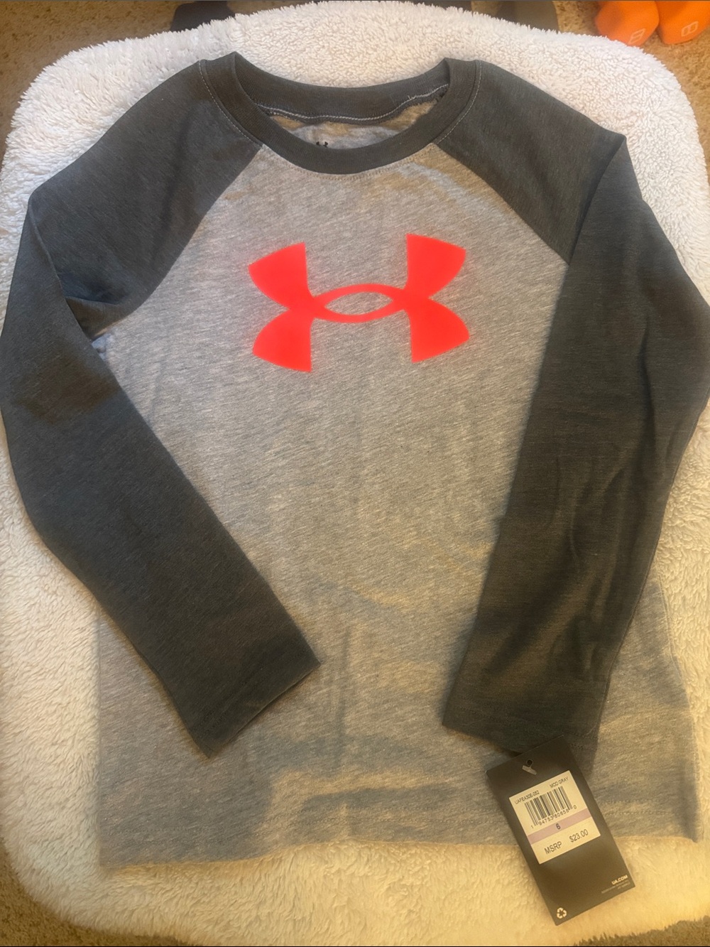 Under Armour Boys Gray Raglan Long-Sleeve Tee with Neon Orange Logo